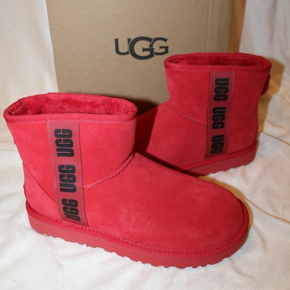 NIB UGG WOMEN'S LOGO MINI ANKLE SUEDE SHEARLING LINED BOOTS RED‎ BLACK - Picture 1 of 8
